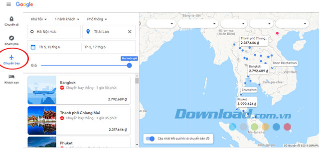 Tìm kiếm chuyến bay cho địa điểm đã chọn