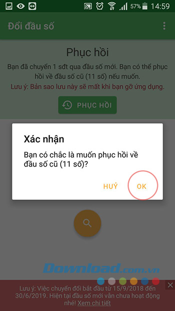 Xác nhận việc phục hồi danh bạ