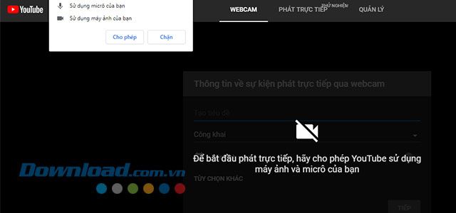 Giao diện để thiết lập phát video trực tuyến trên Youtube.