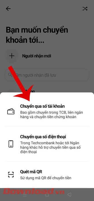 Chọn hình thức chuyển khoản