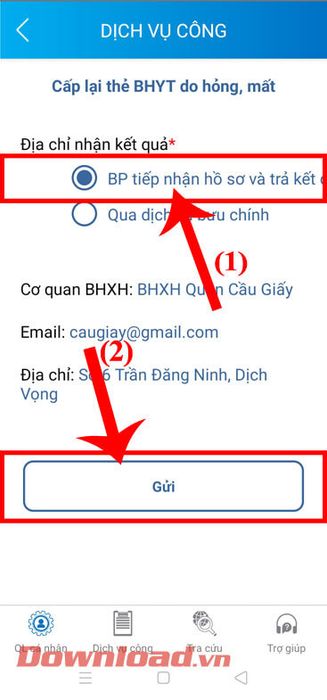 Chọn mục BP tiếp cận hồ sơ và trả kết quả