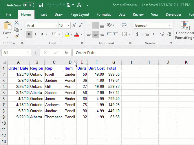 Thay đổi kích thước của cột trong Excel