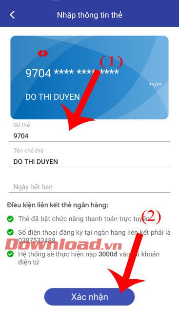 Nhập số thẻ và ngày hết hạn của thẻ ngân hàng