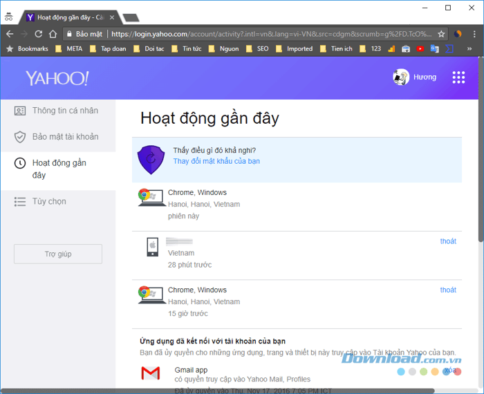 Xem thông tin về hoạt động trên tài khoản Yahoo