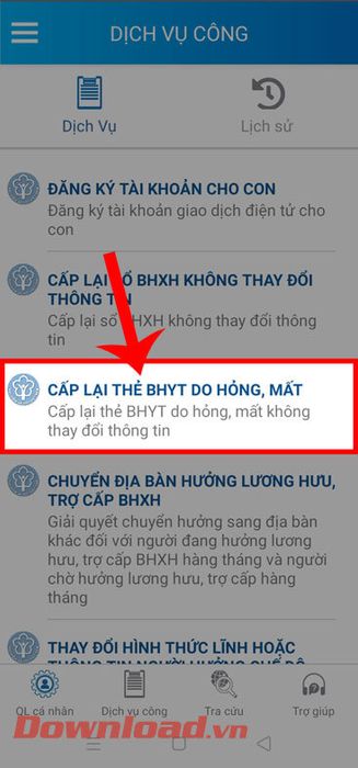 Chọn mục Cấp lại thẻ BHYT nếu hỏng, mất