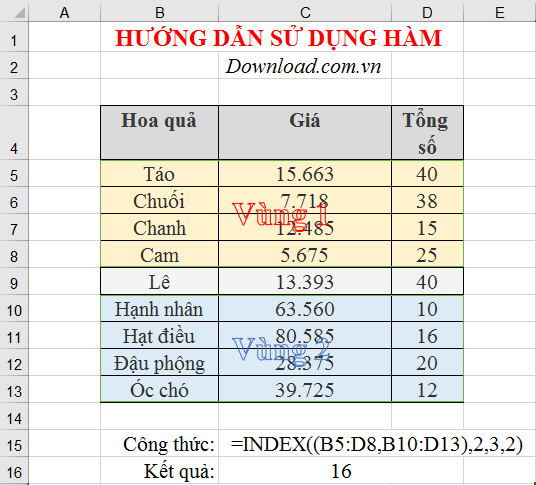 Ví dụ về hàm INDEX dạng tham chiếu trên Excel