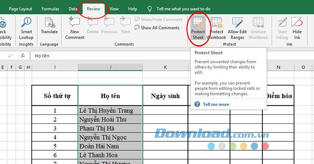 Tạo khóa cho cột dữ liệu đã chọn trên Excel