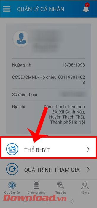 Chọn mục Thẻ BHYT