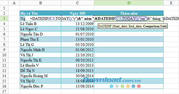 Tính thâm niên công tác trên Excel