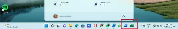 Biểu tượng Word, Excel trên thanh tác vụ