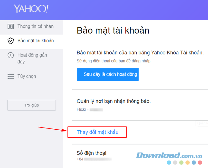 Đổi mật khẩu tài khoản Yahoo Mail