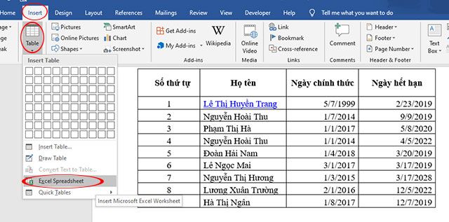 Chèn file Excel bằng tính năng chèn bảng