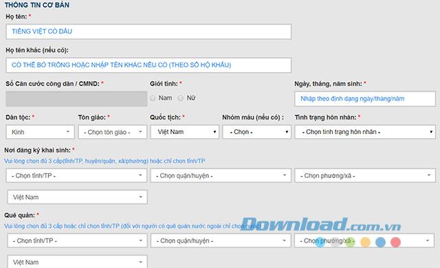 Điền thông tin vào tờ khai đăng ký thẻ căn cước công dân