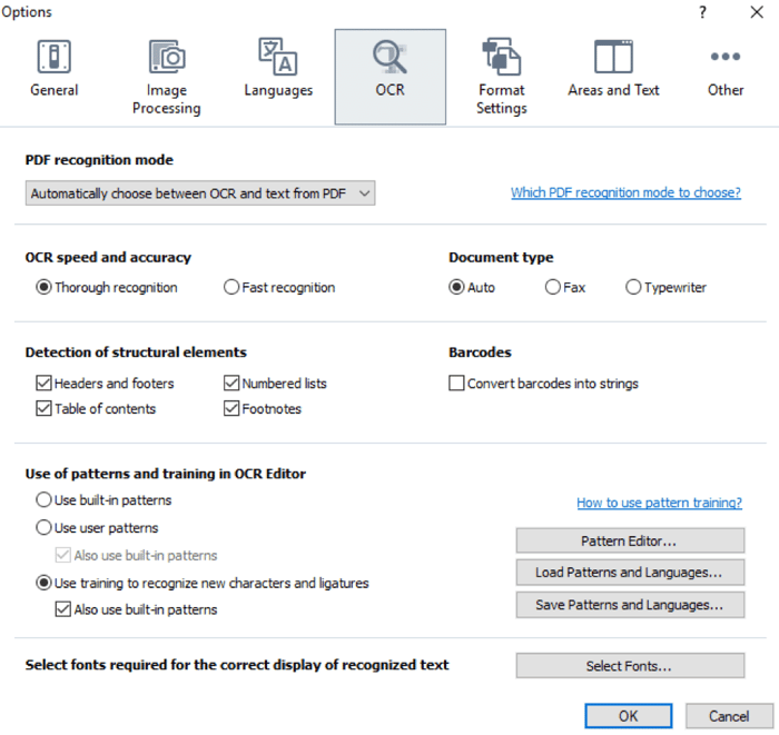 OCR trong hộp Options