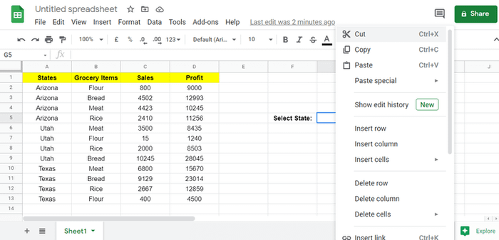 Tạo menu trong Google Sheets