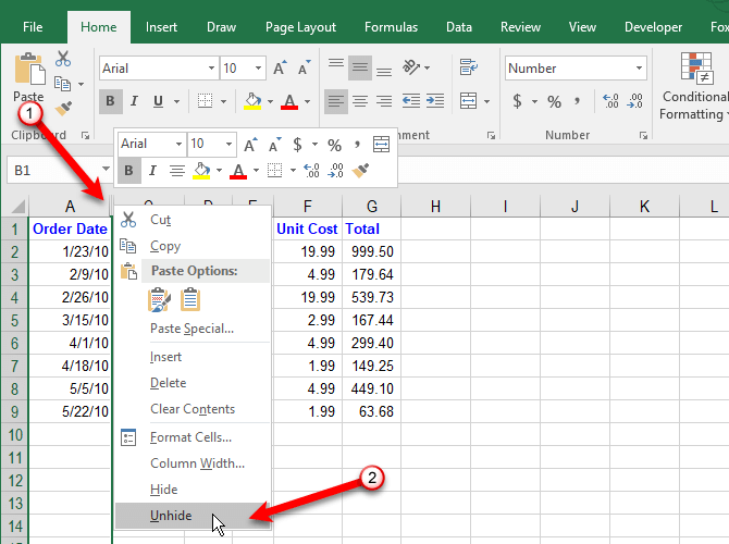 Bỏ ẩn cột trong Excel