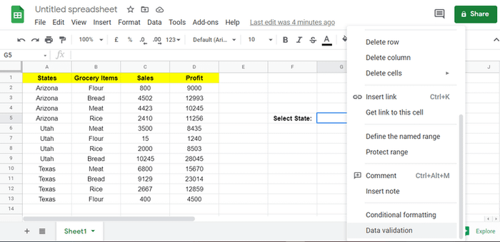 Xác thực dữ liệu trong Google Sheets