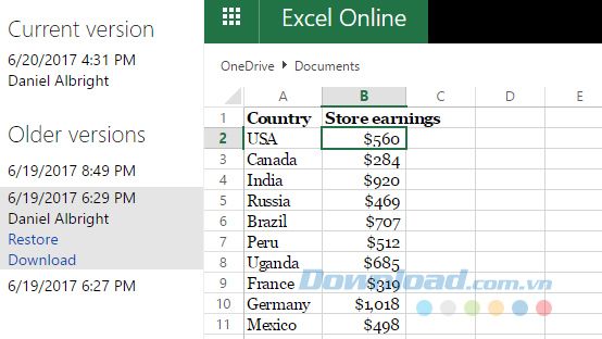 danh sách các phiên bản đã lưu trữ trên OneDrive