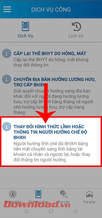 Chọn mục để thay đổi hình thức nhận hoặc thông tin người hưởng chế độ BHXH