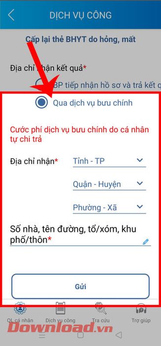 Chọn mục Sử dụng dịch vụ bưu chính