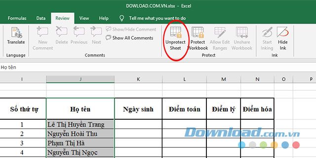 Mở khóa cột đã khóa trên Excel