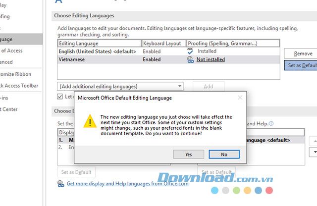 Xác nhận thay đổi ngôn ngữ trong Microsoft Word