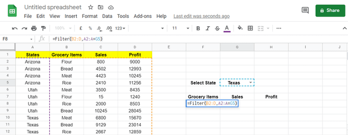 Gán điều kiện lọc dữ liệu trong Google Sheets