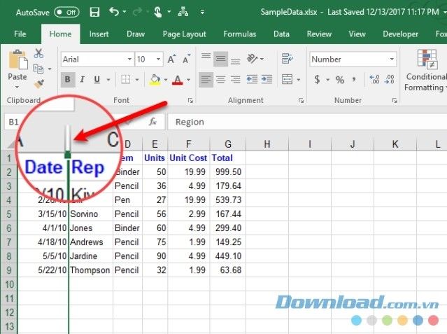 Hiện cột đã ẩn trong Excel