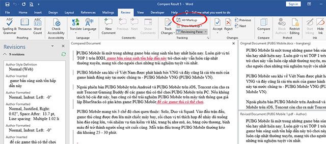 Hiển thị chế độ so sánh trực quan trên Microsoft Word