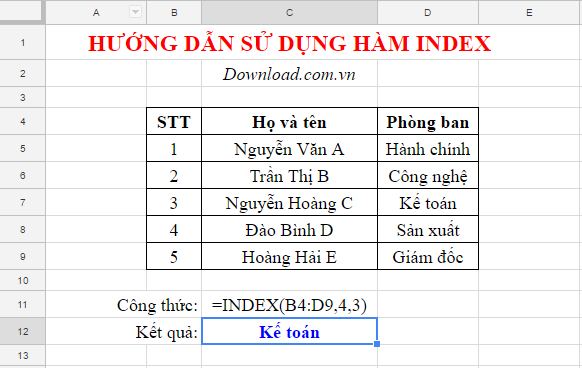 Kết quả trả về từ hàm INDEX trong Excel