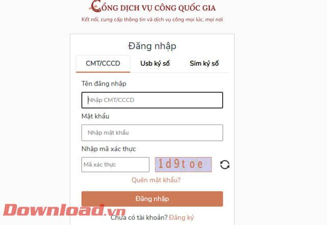 Đăng nhập vào tài khoản Cổng Dịch vụ công Quốc gia