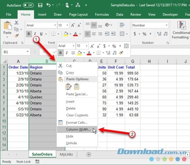 Chọn độ rộng cho cột trong Excel