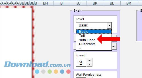 Đổi chế độ hoặc độ khó của trò chơi rắn săn mồi trên Excel