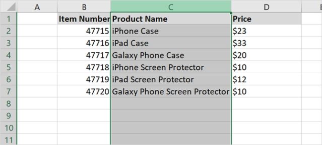 Chọn nhóm cột trong Excel