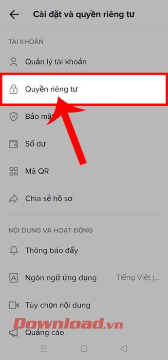 Chạm vào mục Quyền riêng tư