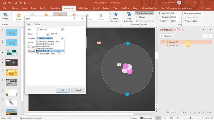 Điều chỉnh độ dài hiệu ứng quay vòng trong PowerPoint
