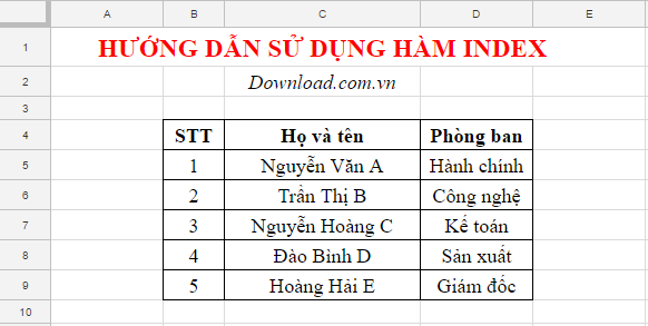 Ví dụ về hàm Index trên Excel và Google Sheets