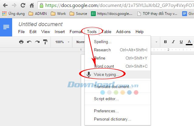 Chọn Công cụ, sau đó nhấp vào nhập bằng giọng nói