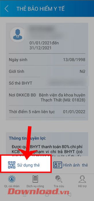 Chạm vào mục Sử dụng thẻ