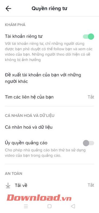 Bật chế độ Quyền riêng tư cho tài khoản 