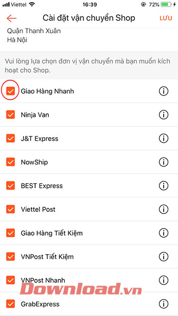 Cách thiết lập đơn vị vận chuyển trên Shopee - Bước 3
