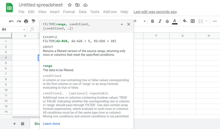 Hướng dẫn công thức hàm Filter trong Google Sheets