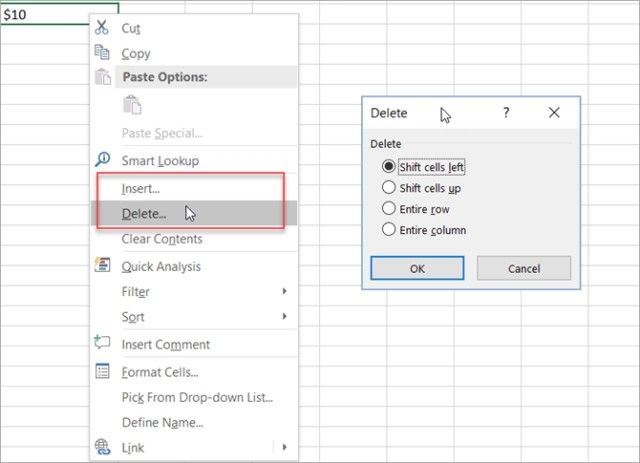 Xóa ô trong excel