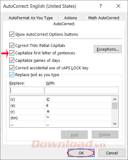 Tích chọn vào mục Viết hoa chữ cái đầu câu