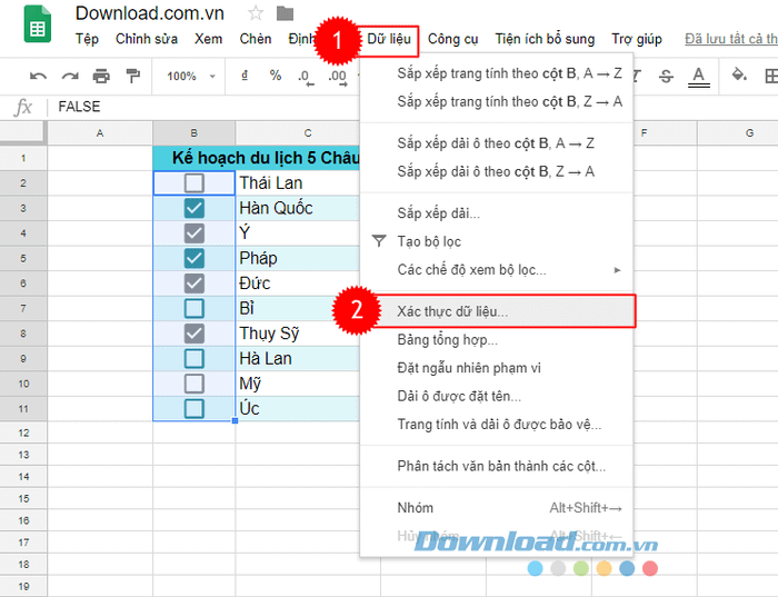 Thêm checkbox vào bảng tính Google Sheets