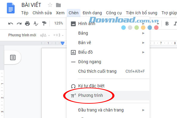 Chọn Phương trình trên Google Docs