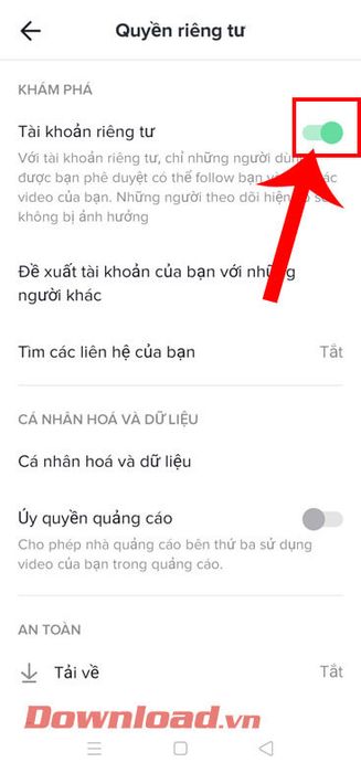 Gạt công tắc tại mục Tài khoản riêng tư