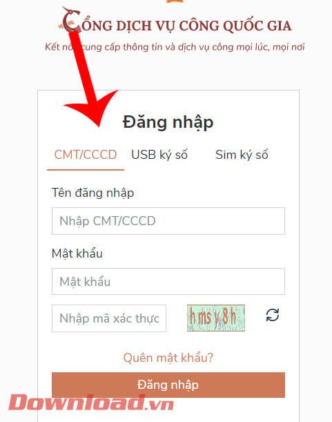 Đăng nhập vào tài khoản Cổng Dịch vụ công Quốc gia