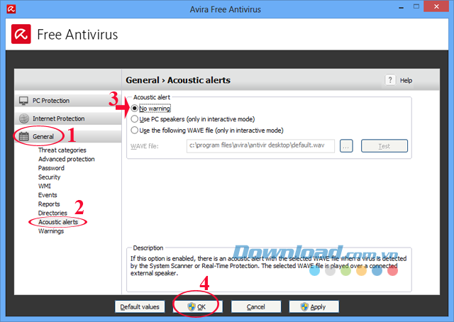 Cách tắt âm thanh khi Avira Free AntiVirus phát hiện Virus