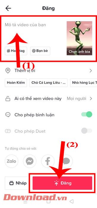 Viết chú thích và nhấn nút Đăng